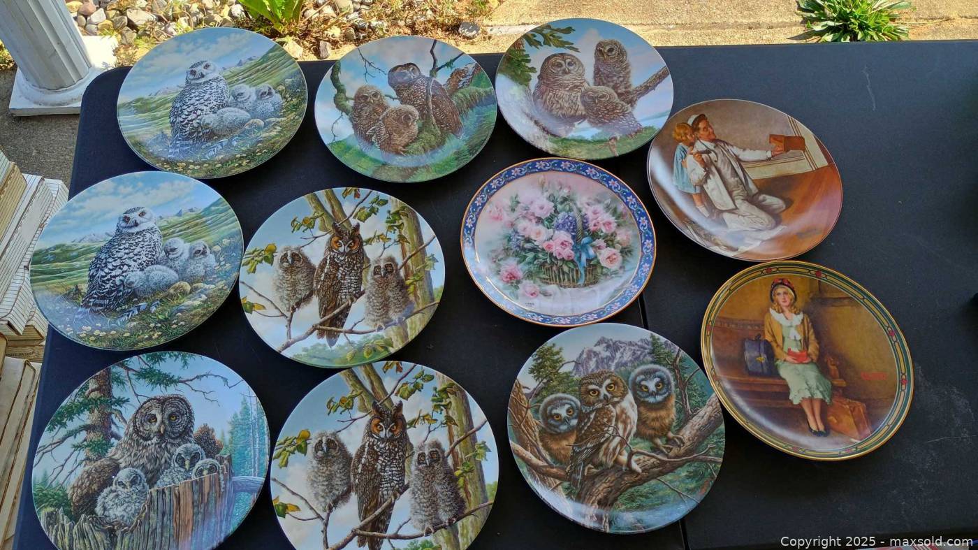 Decorative porcelain collector plates, owl, floral, child scenes, 10 ...