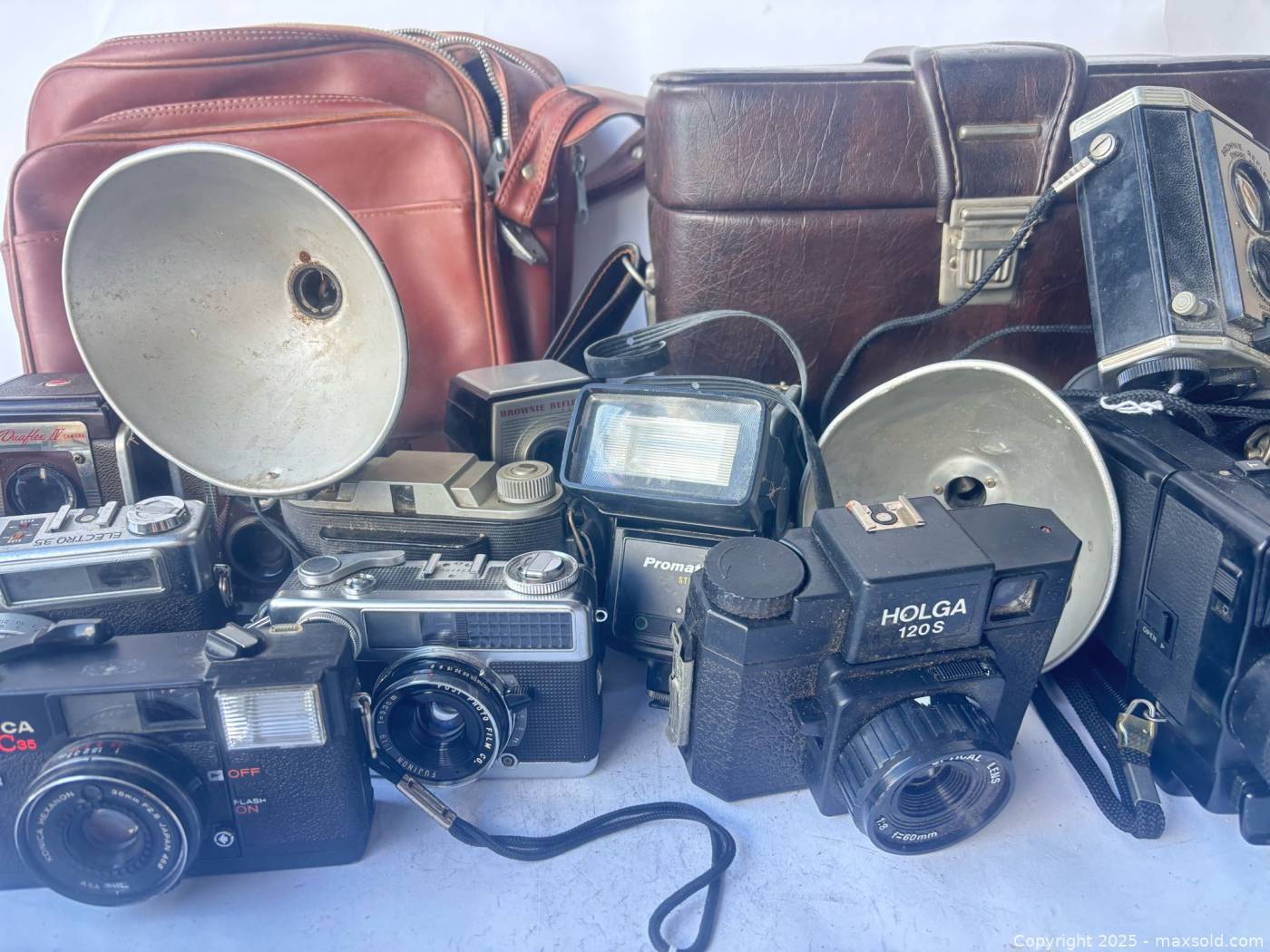 Vintage cameras, flashes, bags lot | Maxsold