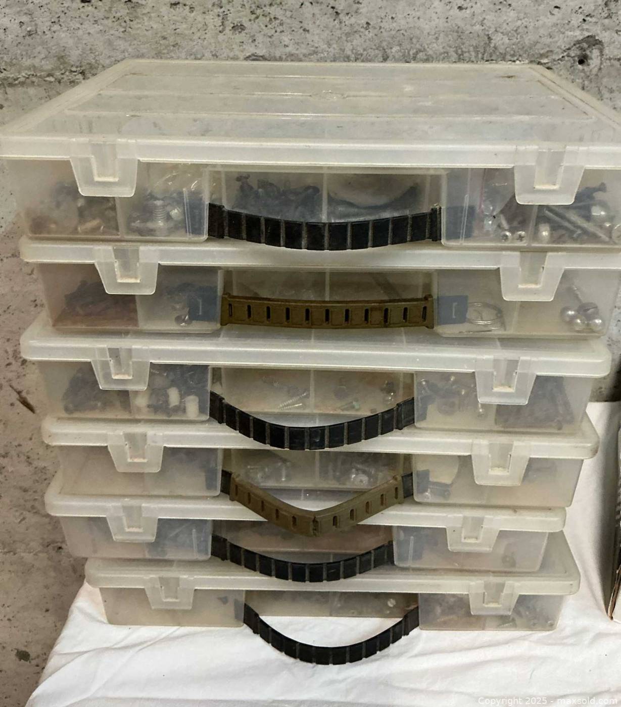 5 plastic compartment organizers with assorted hardware fasteners | Maxsold