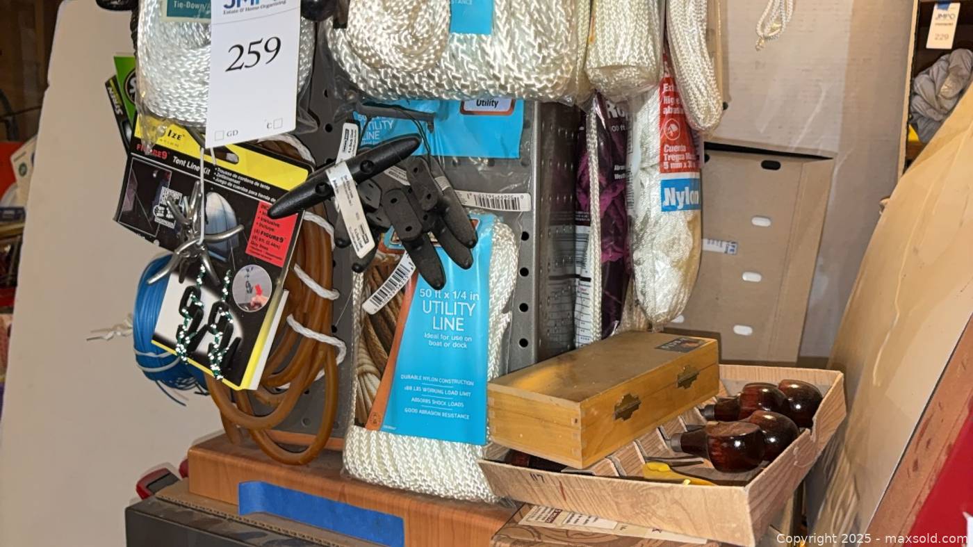 Assorted ropes, utility line, small tools | Maxsold