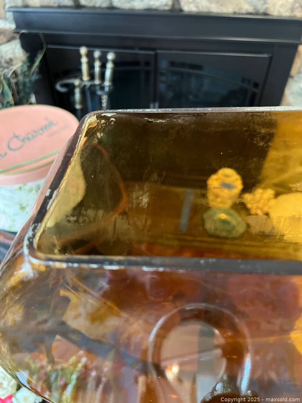 Vintage amber glass bowl on metal base with 3 stainless pet bowls and ...