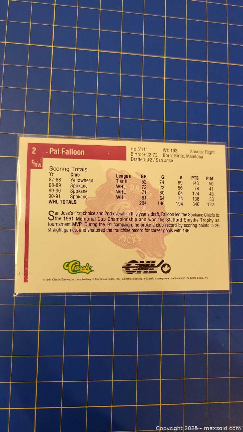 1991 Classic Draft Picks Pat Falloon rookie NHL card | Maxsold