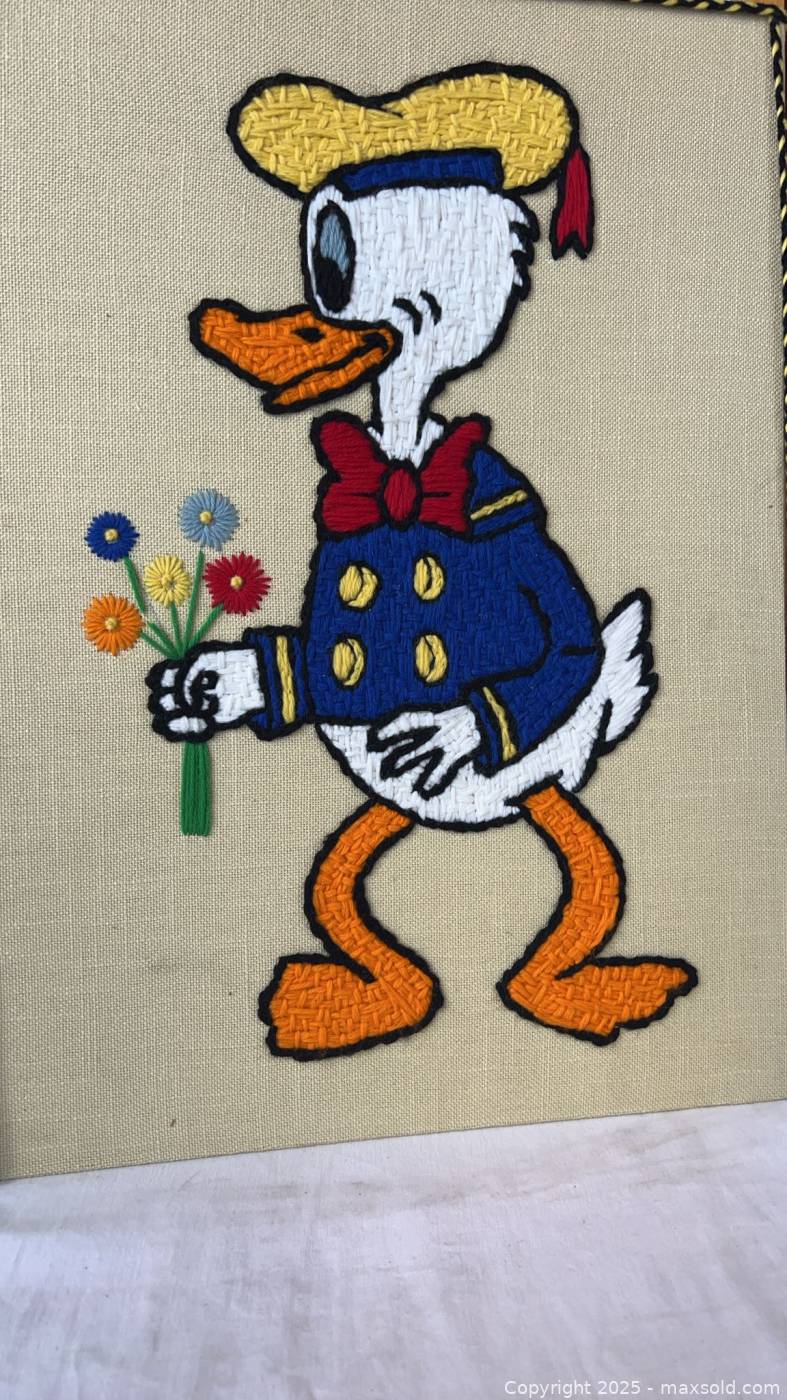 Framed Donald Duck crewel embroidery wall art | Maxsold