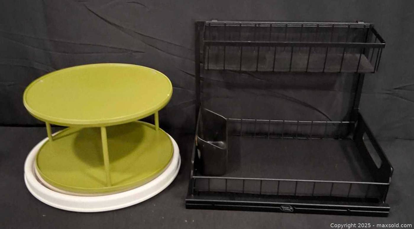Dish drying rack and three lazy susan turntables | Maxsold