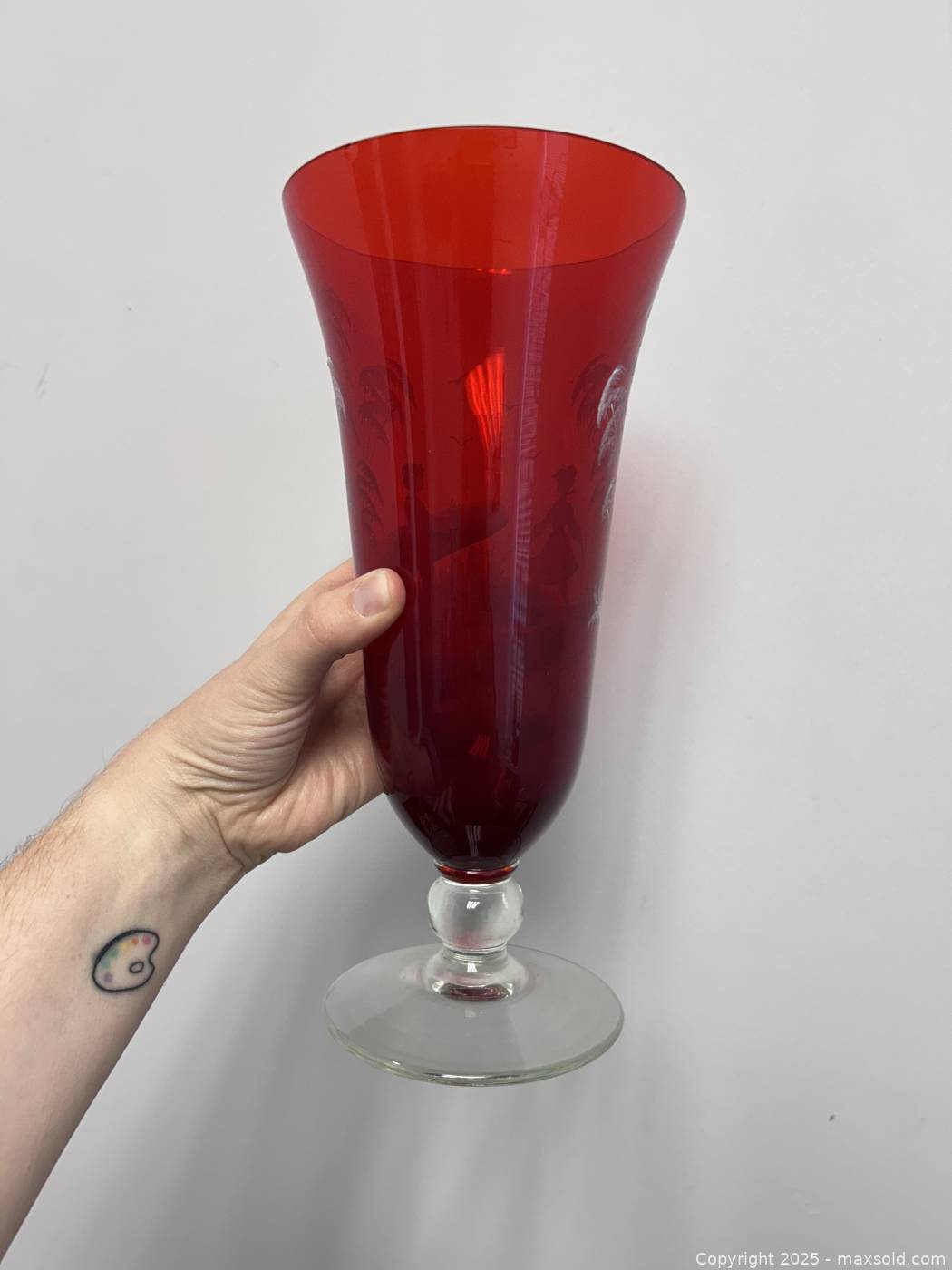 Vintage ruby red enameled Mary Gregory footed vase | Maxsold
