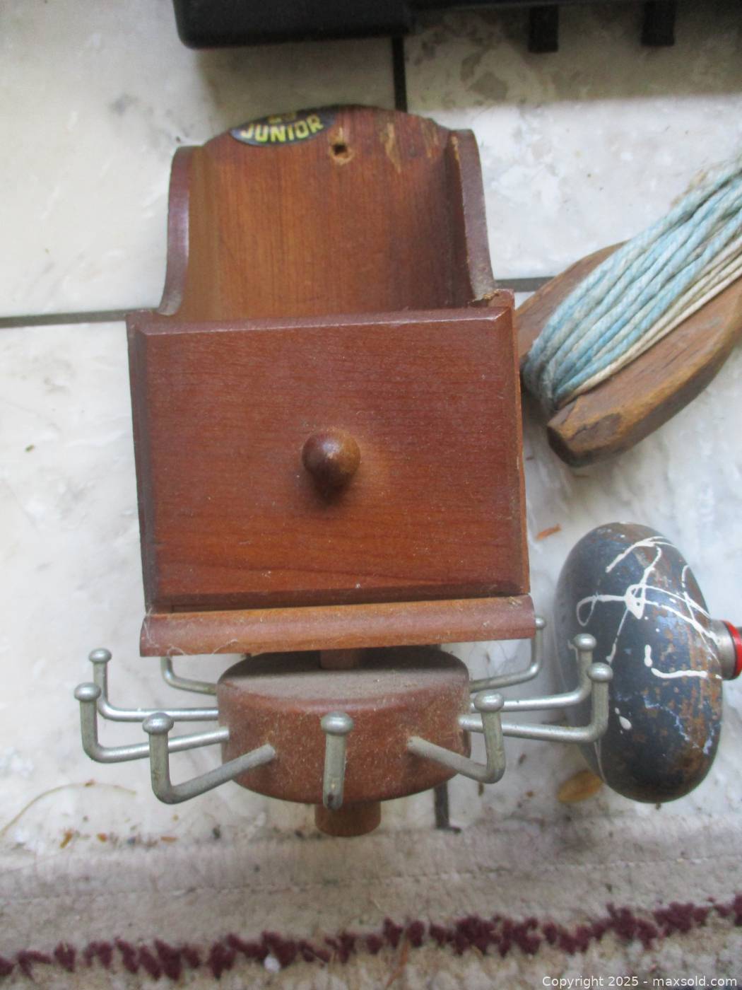 Vintage hand brace, metal folding ruler, wooden chalk line reel, small ...