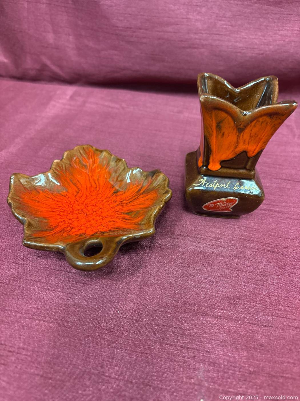 McMaster brown glazed maple leaf trivet & vase | Maxsold