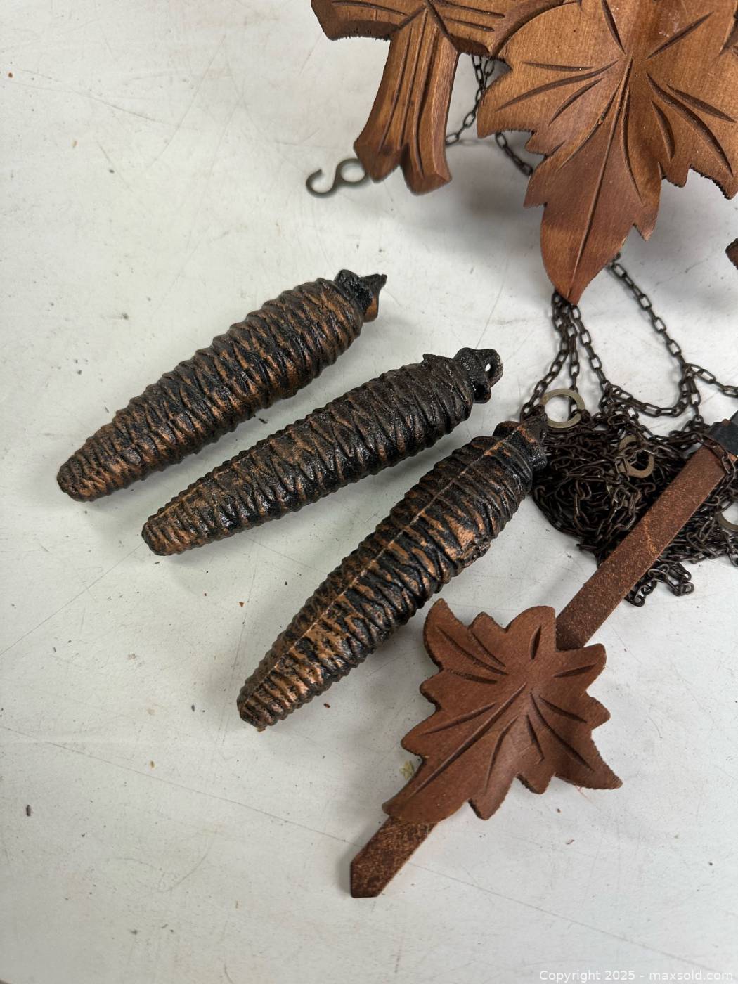 German mechanical carved wood cuckoo clock with 3 pine-cone weights and ...