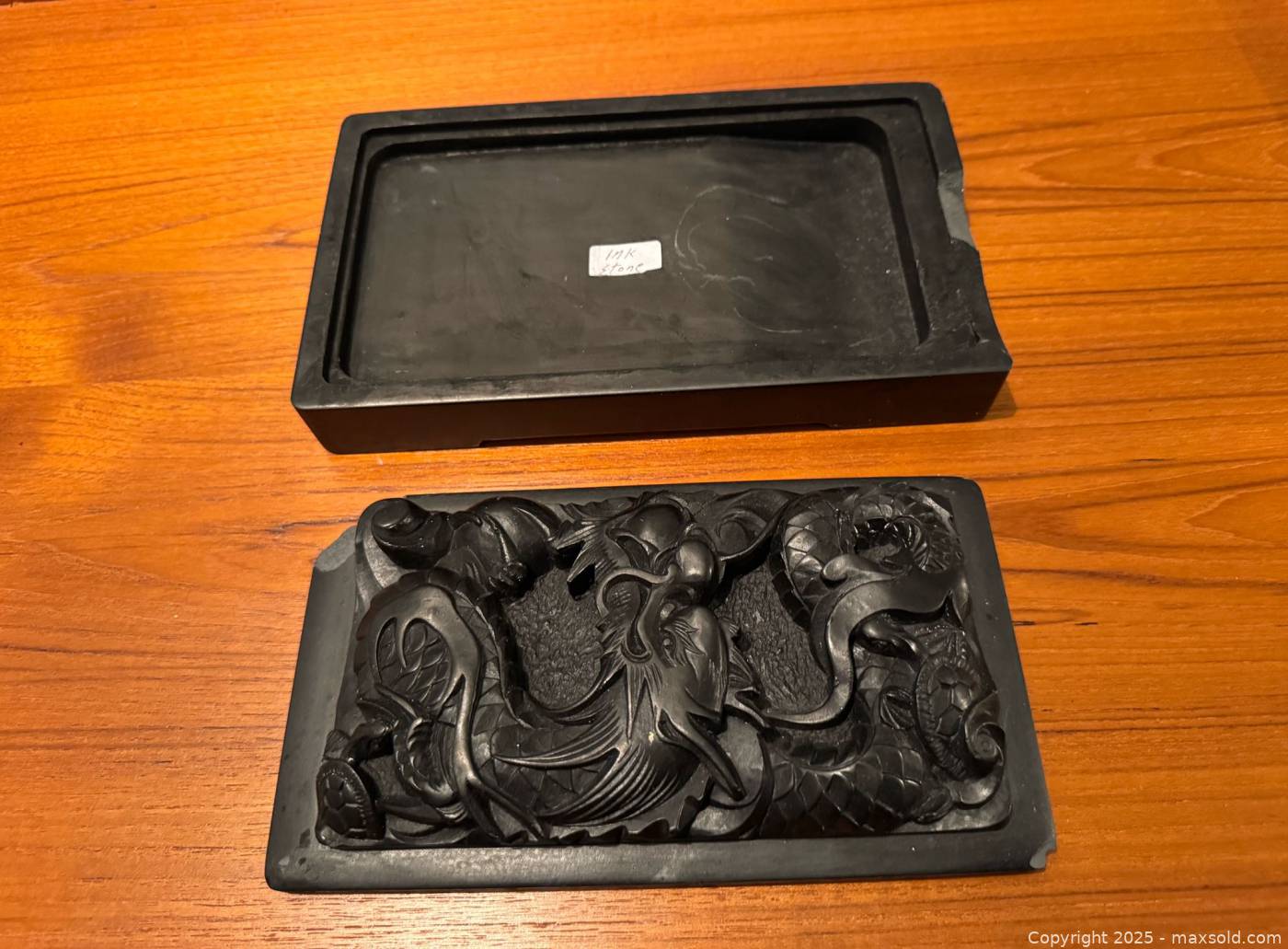 Old Chinese slate ink stone with carved dragon lid | Maxsold