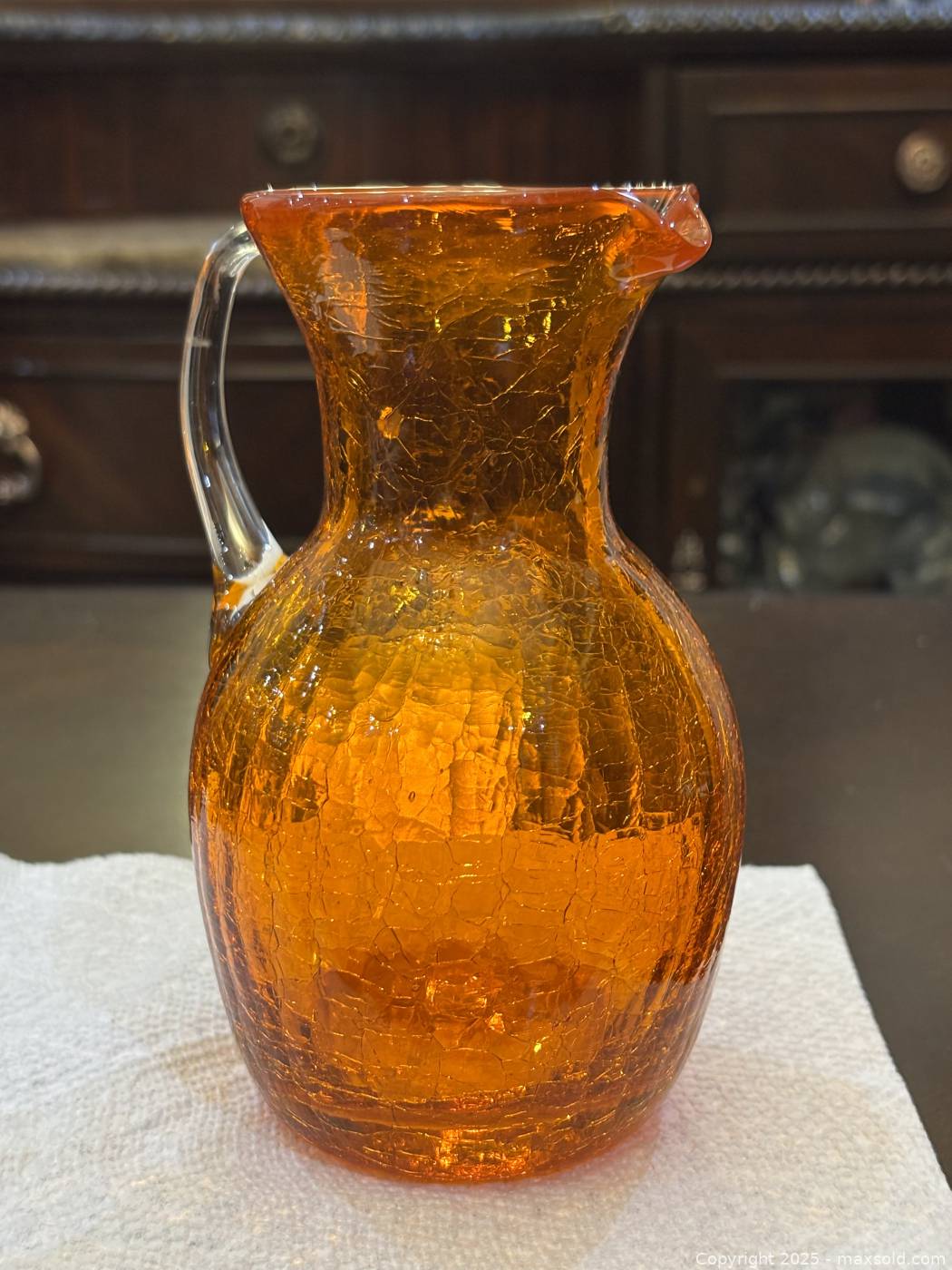 Blenko crackle pitcher, red candy dish, blue goblet, amber plate ...