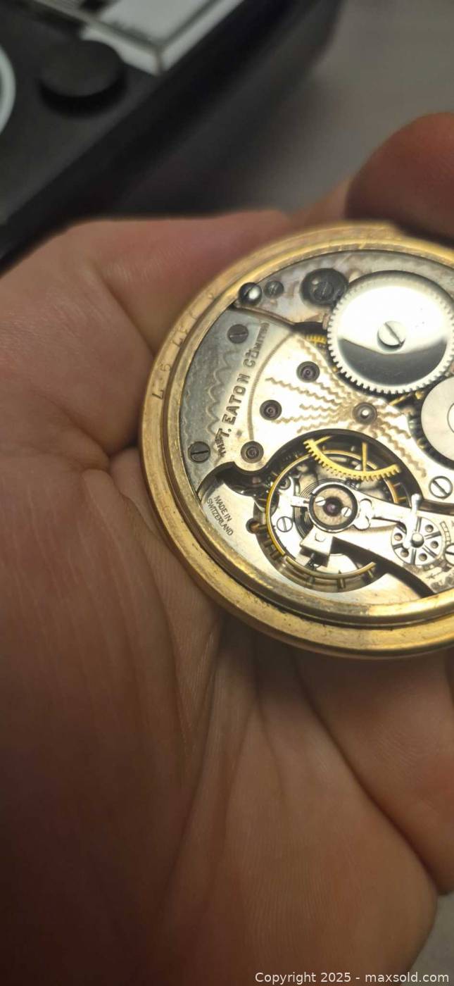 Eaton open-face mechanical pocket watch with chain and folding penknife ...