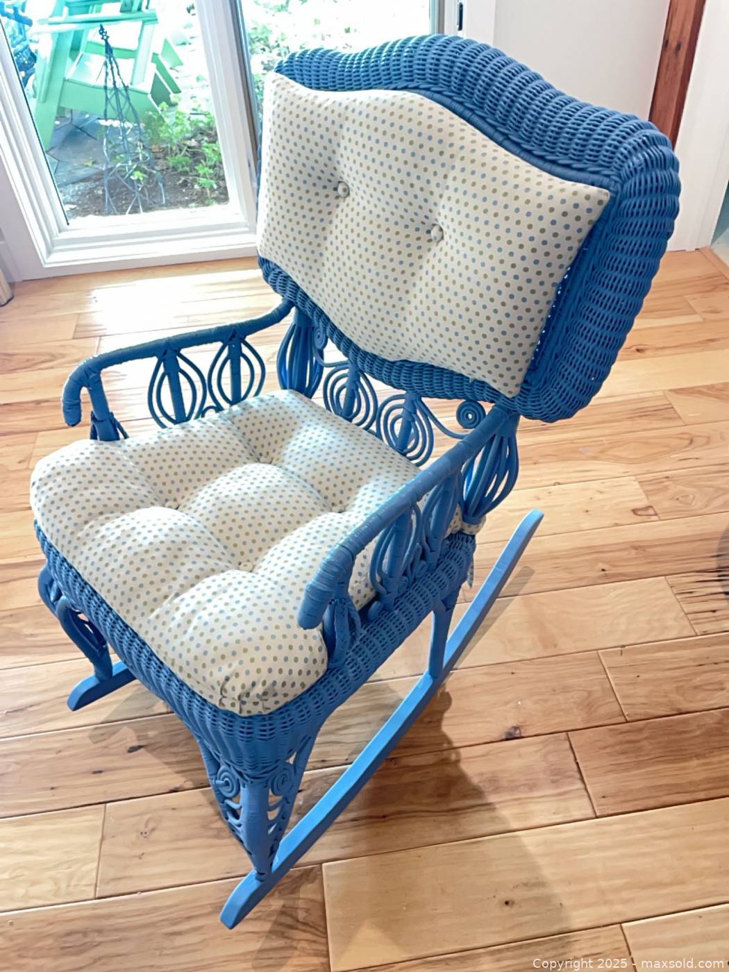 Vintage blue wicker rocking chair with cushions | Maxsold