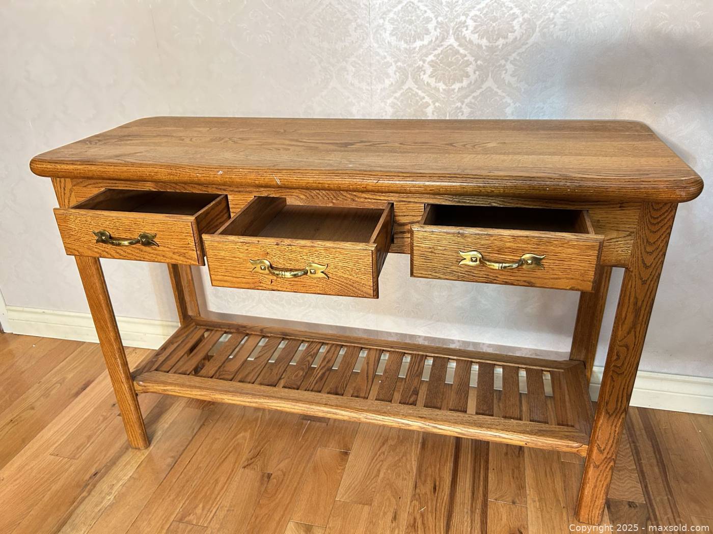 Solid Oak Console Table with 3 Drawers | Maxsold