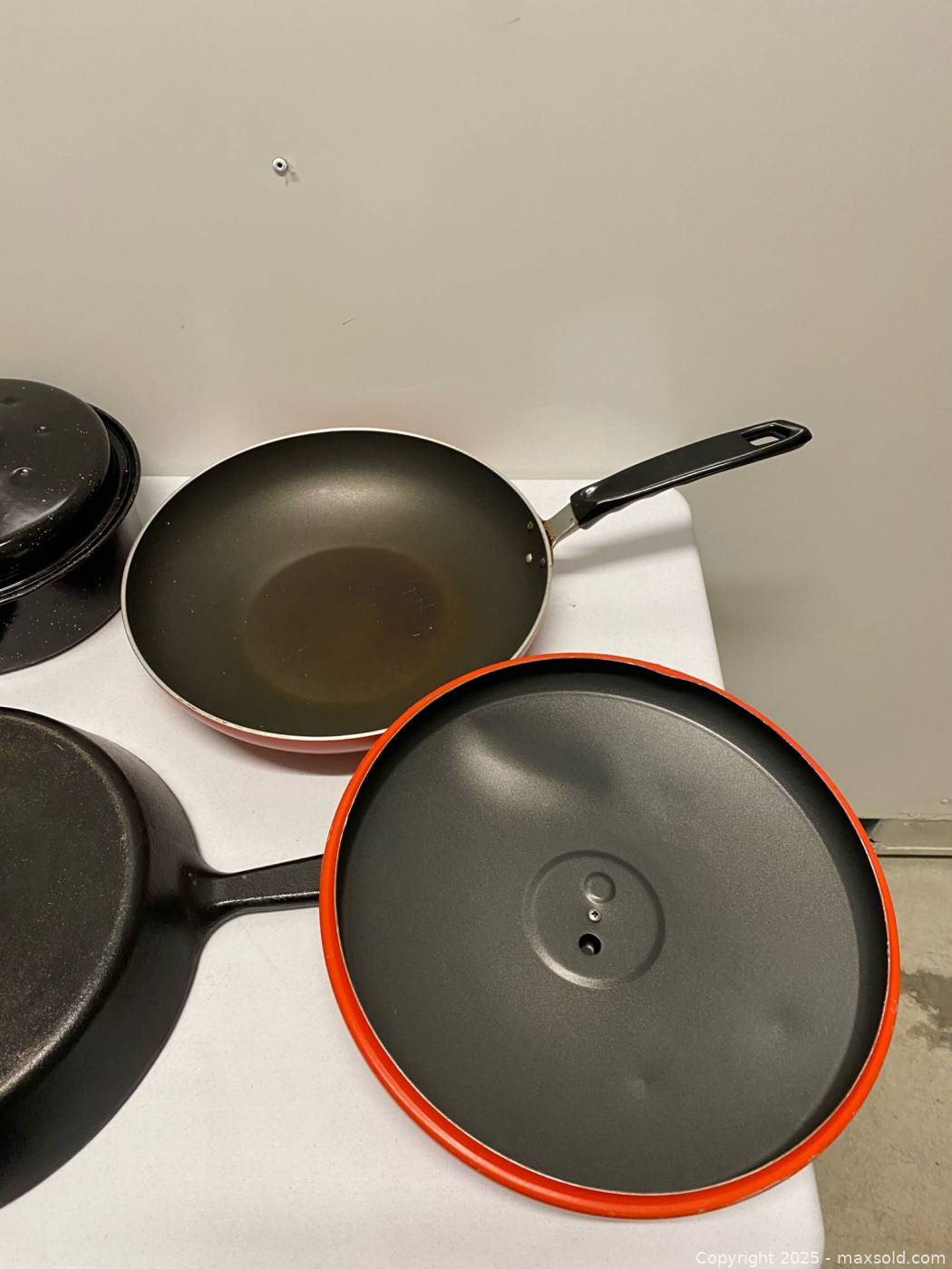 Mixed cookware lot with cast iron skillet, non-stick fry pans, enamel ...