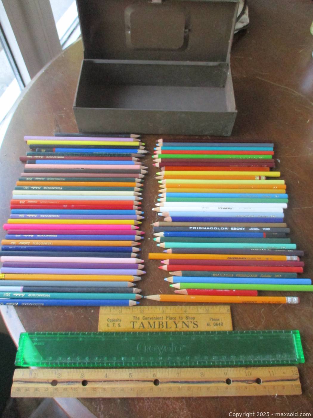 Color Pencil Ruler Box Antique metal box, colored pencils & rulers | Maxsold