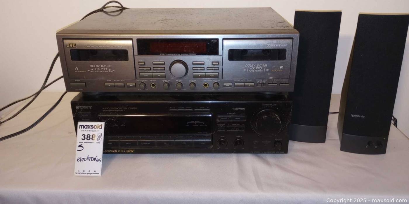 JVC dual cassette deck, Sony receiver, Infinity bookshelf speakers ...