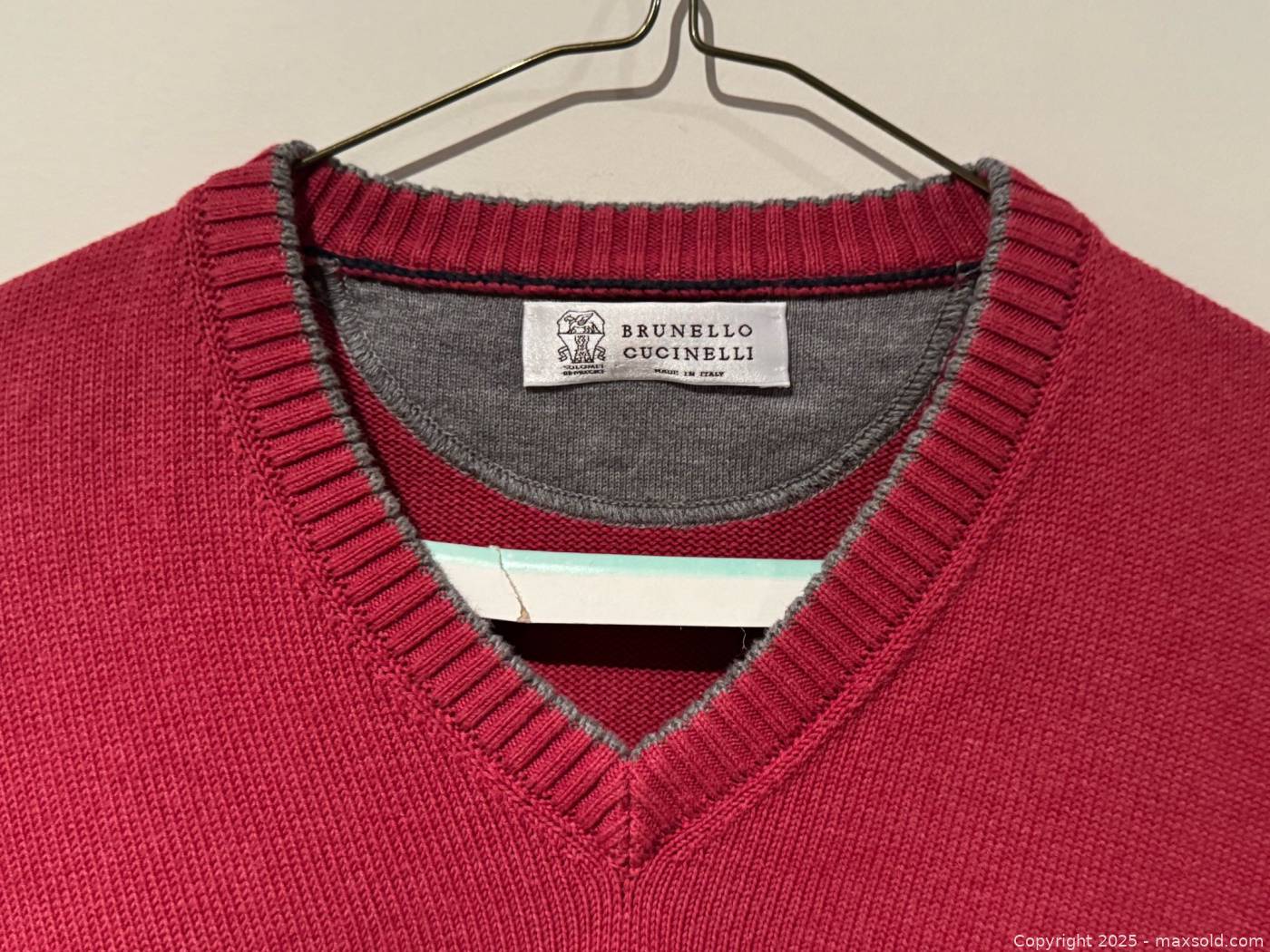 Pull Brunello Cucinelli Homme 100% Coton, Taille IT 46 (S), Col V Rouge - Occasion Très Bon état