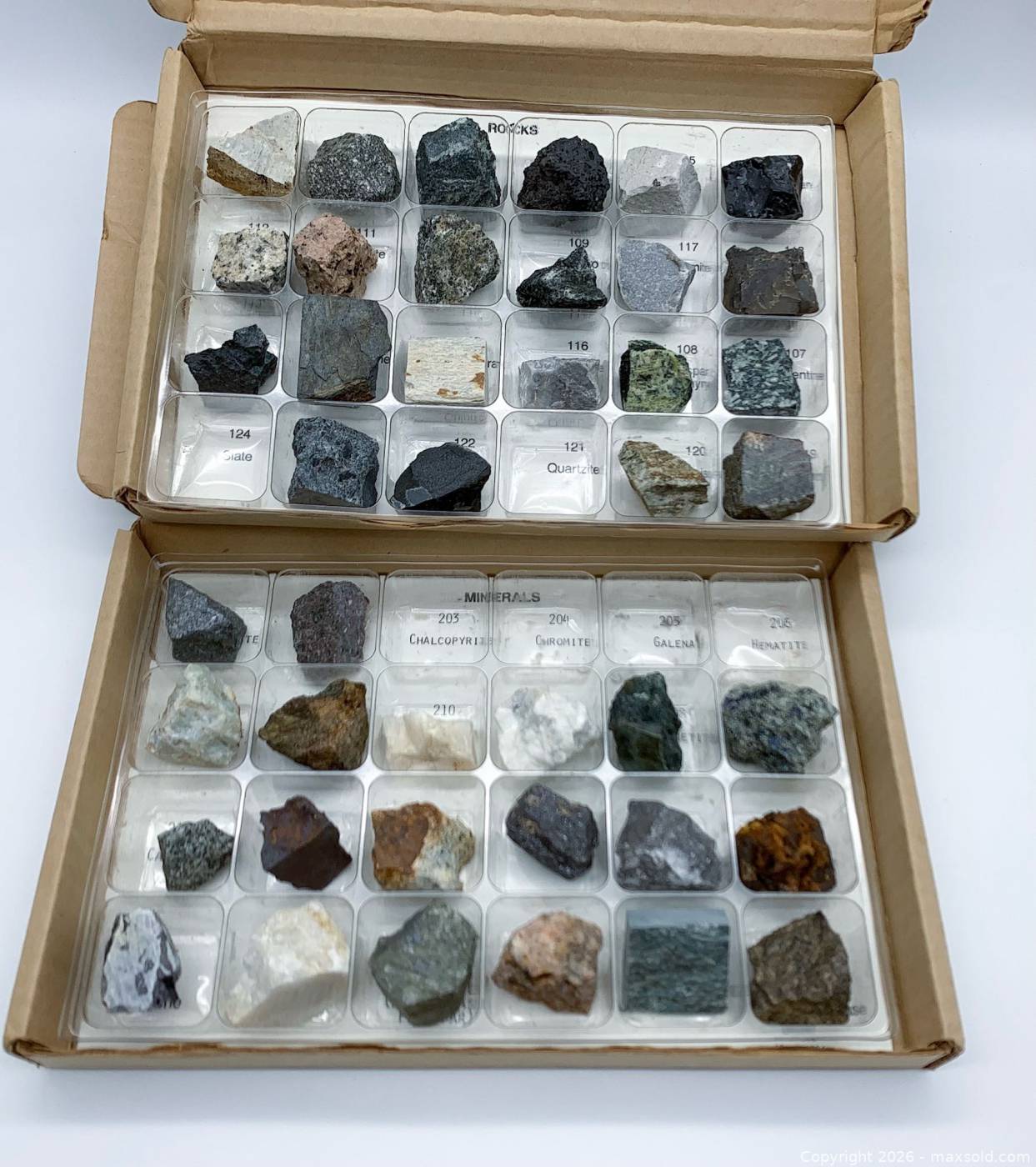 Mkxed Rocks Mixed rock and mineral specimen set in two labeled trays | Maxsold