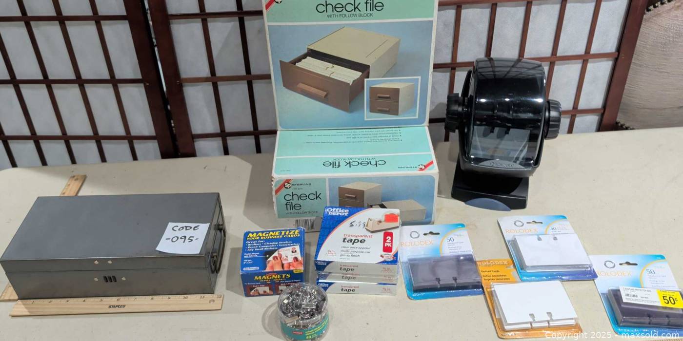 Metal lockbox, check file, rotary Rolodex, refills, tape, magnets | Maxsold