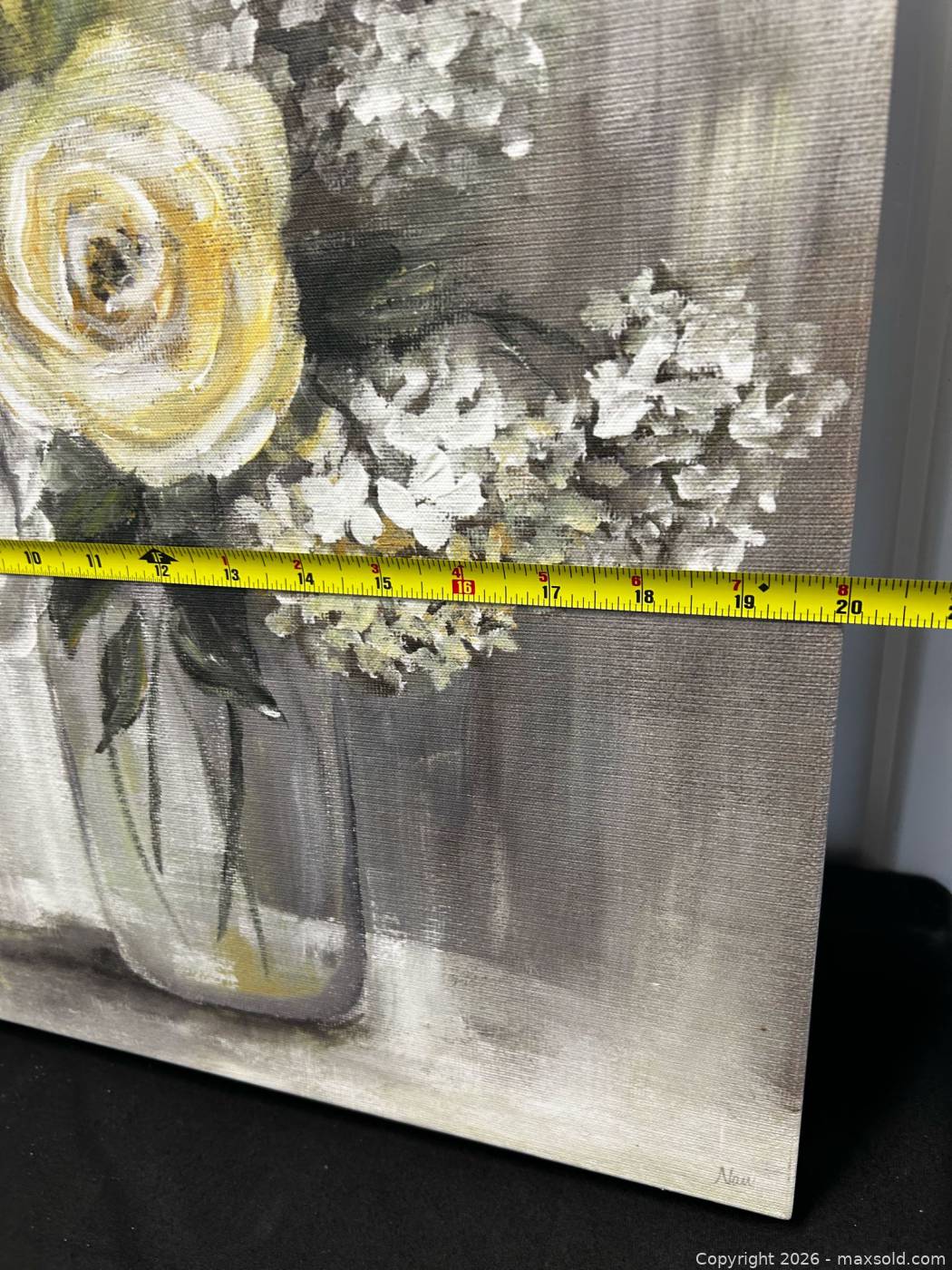 Canvas floral art, green crackle glass bottle and tall embossed metal ...