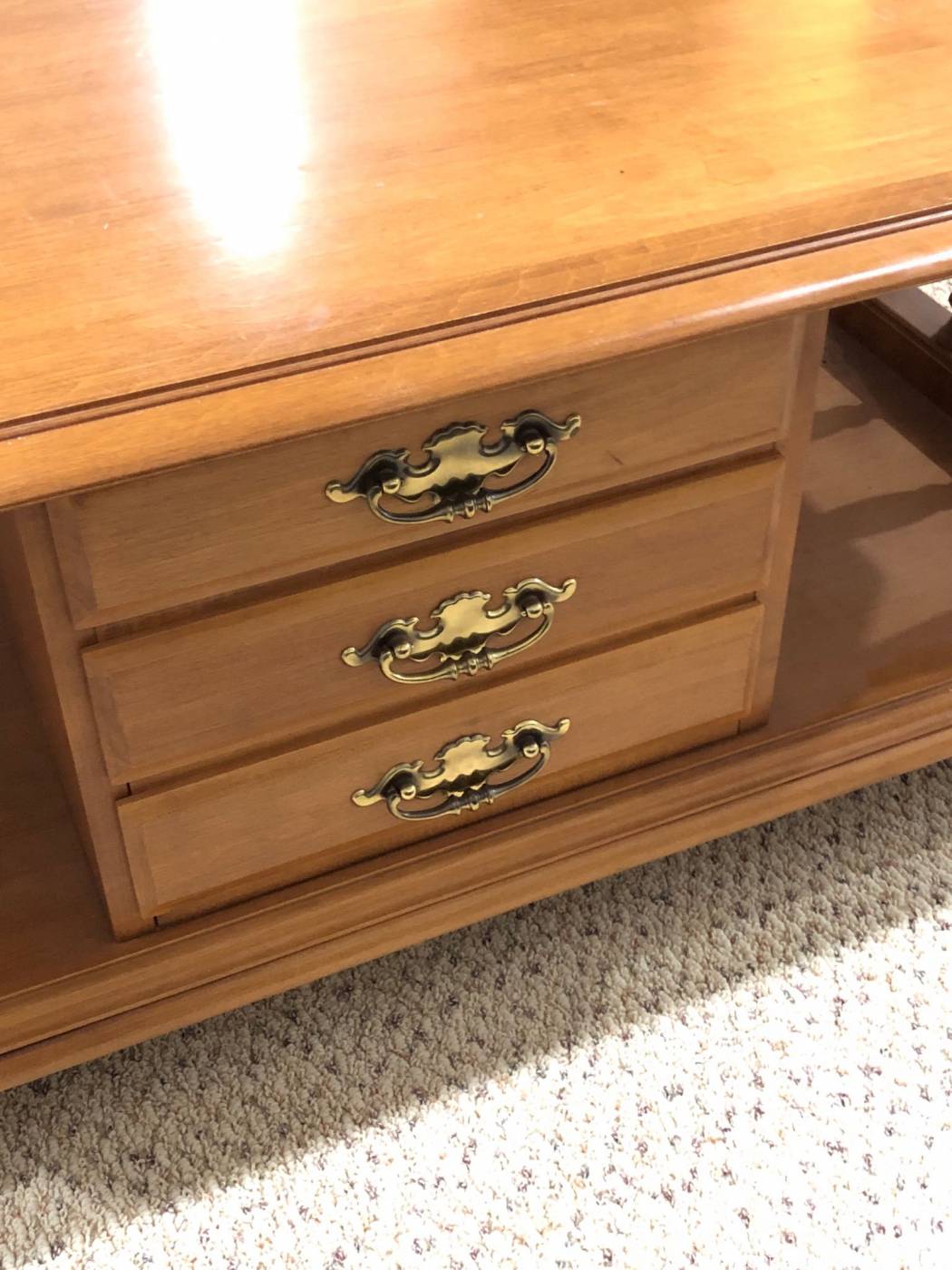 Honey light brown wood coffee table, 3 drawers | Maxsold