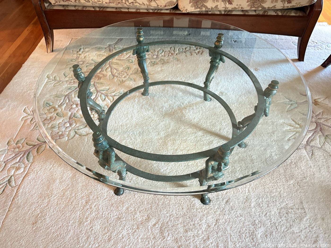 Verdigris Table Base Glass top coffee table with verdigris cast metal base | Maxsold