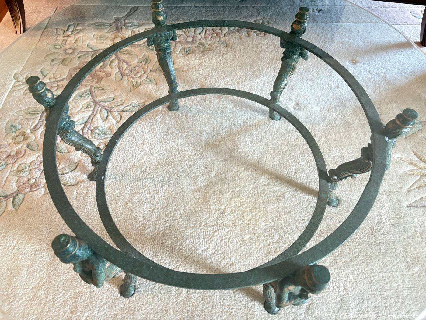 Verdigris Table Base Glass top coffee table with verdigris cast metal base | Maxsold