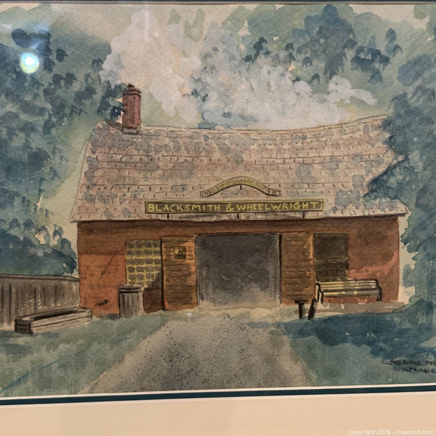Framed watercolor of Shelburne Museum Blacksmith & Wheelwright building ...