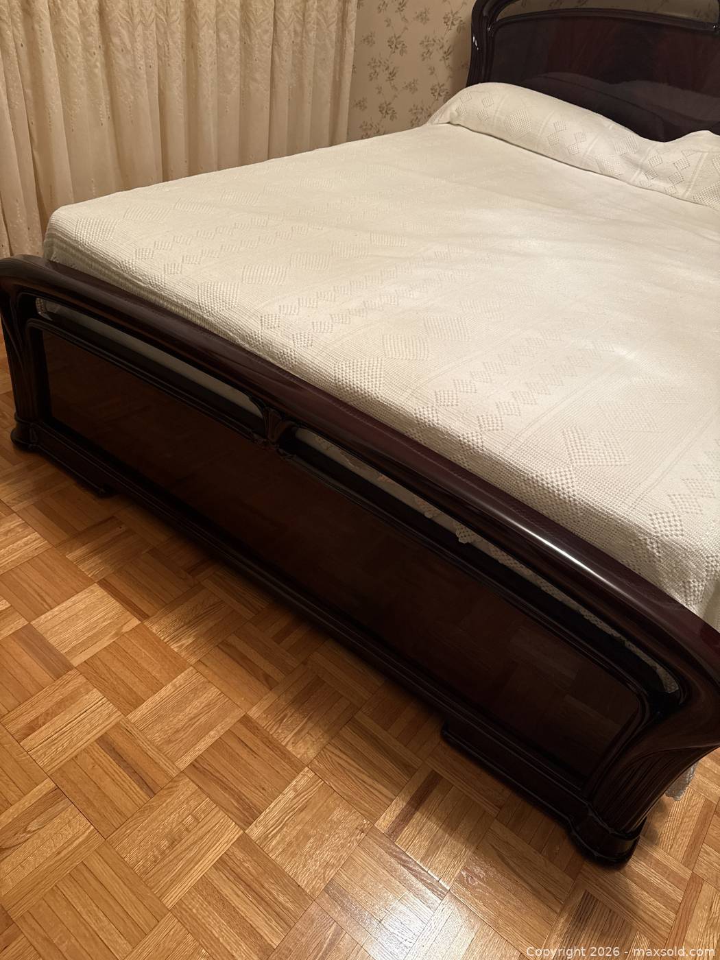Queen bed frame with mattress, cherry finish | Maxsold
