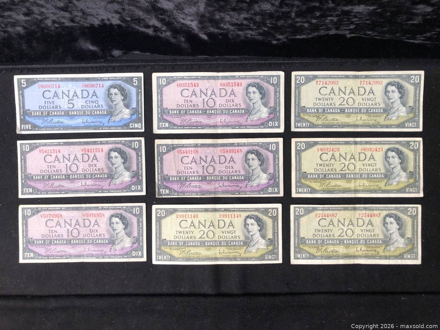 1954 Bank of Canada banknotes, $5, four $10s, four $20s | Maxsold
