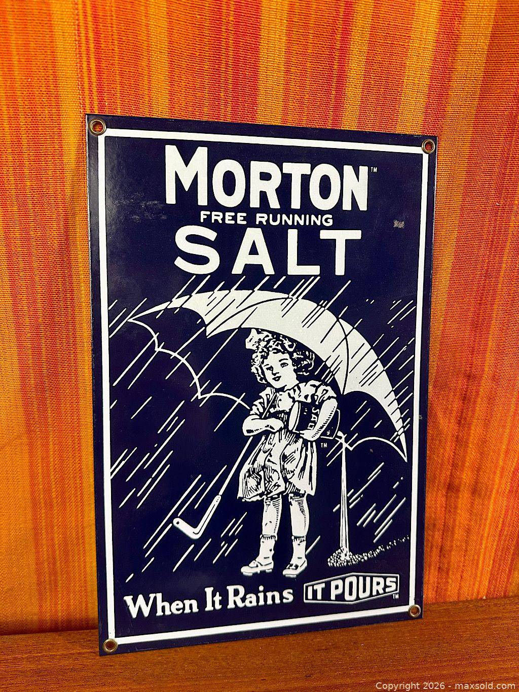 Add Salt Sign Morton’s Salt porcelain enamel advertising sign | Maxsold