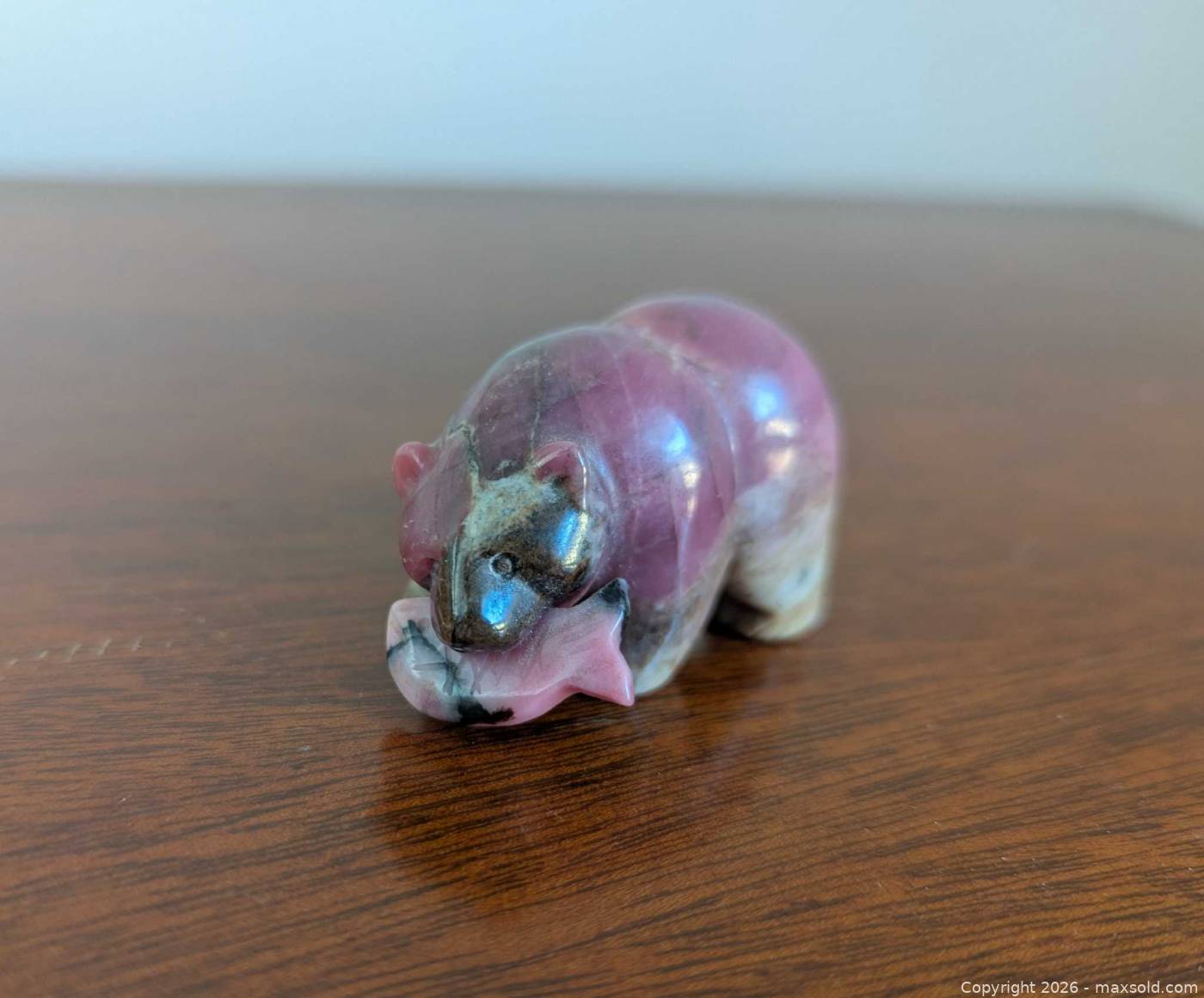 Rhodonite Stone Bear Figurine With Fish | Maxsold