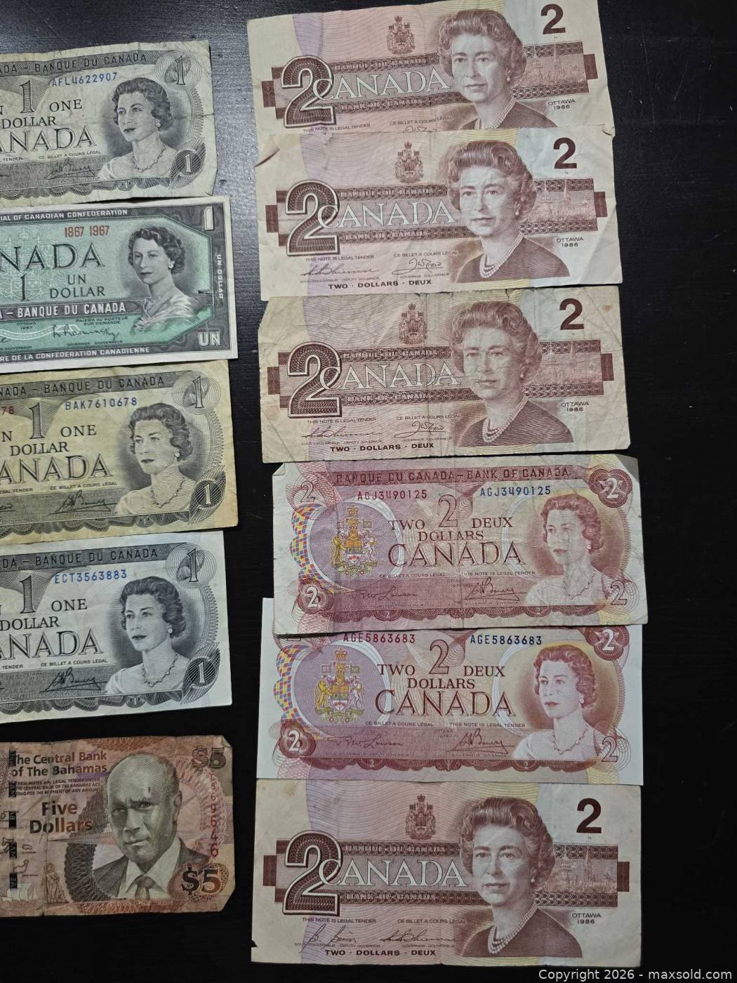 Canadian $1 and $2 Banknotes, Bahamas $5 | Maxsold