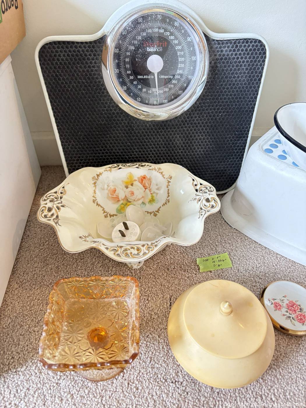 Pitcher Scale Sterilite Drawer, Enamelware Pitcher, Scale, Dishes Lot | Maxsold