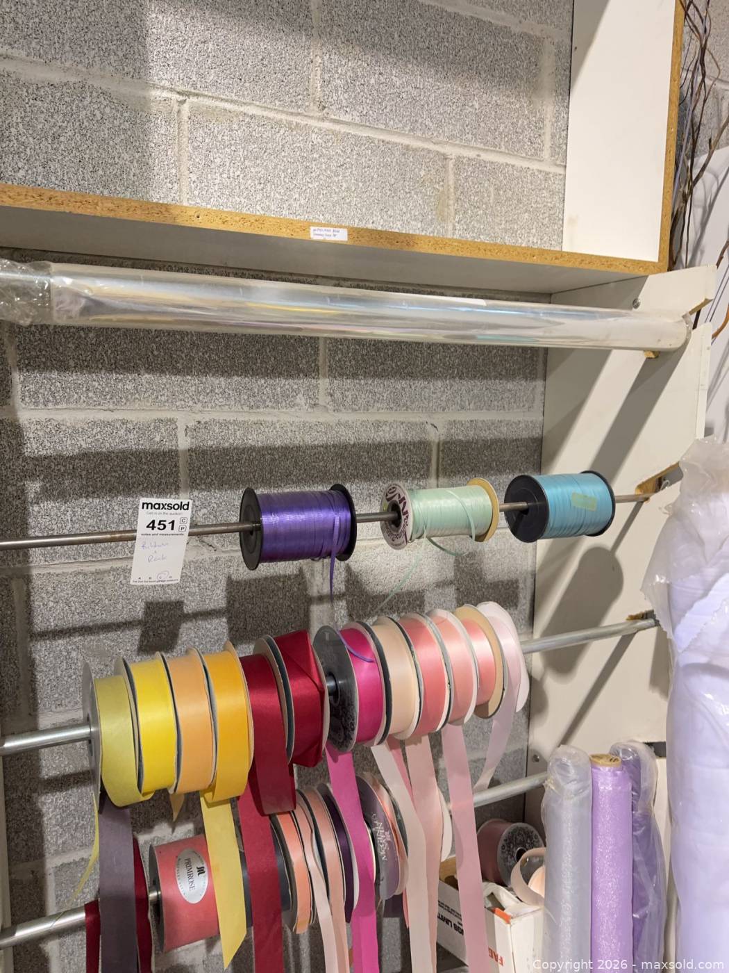 Wrought Iron Ribbon Roll Rack MDF ribbon and fabric roll rack with assorted rolls | Maxsold