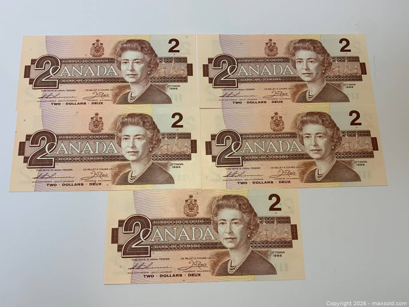 Canada 1986 $2 banknotes, 5 consecutive | Maxsold