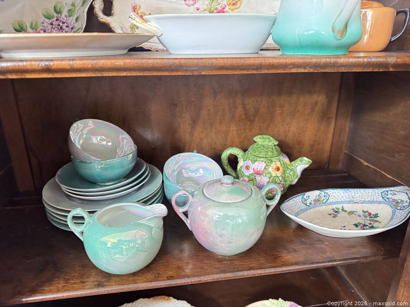 Lucerna Tea Set Vintage ceramic lusterware tea set, green floral teapot, oval platter ...