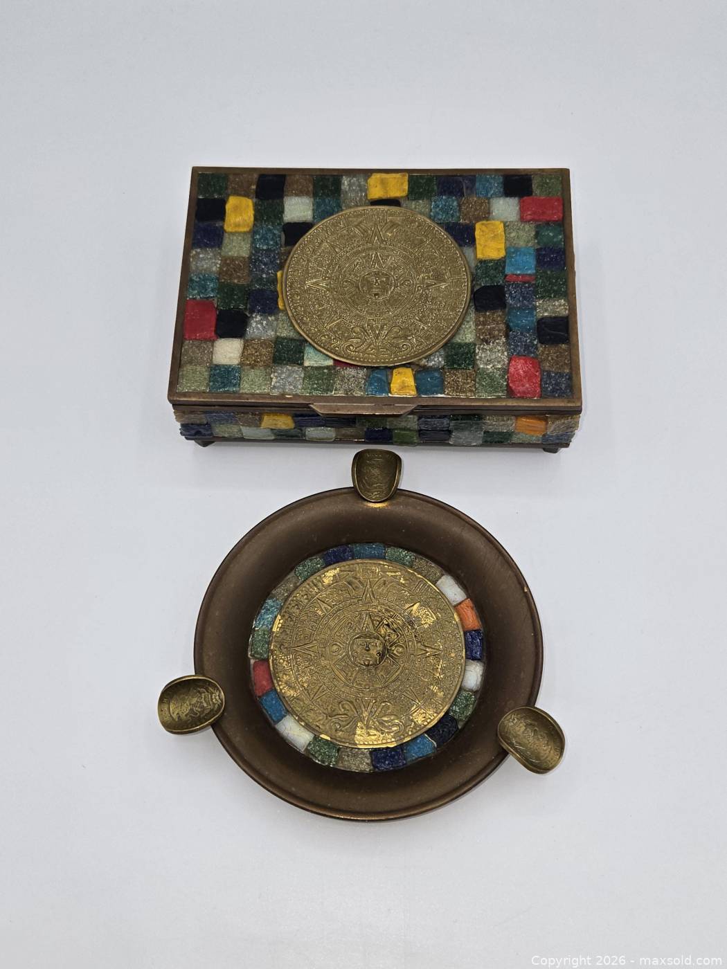 Vintage brass stone inlay Aztec calendar cigarette box and ashtray ...