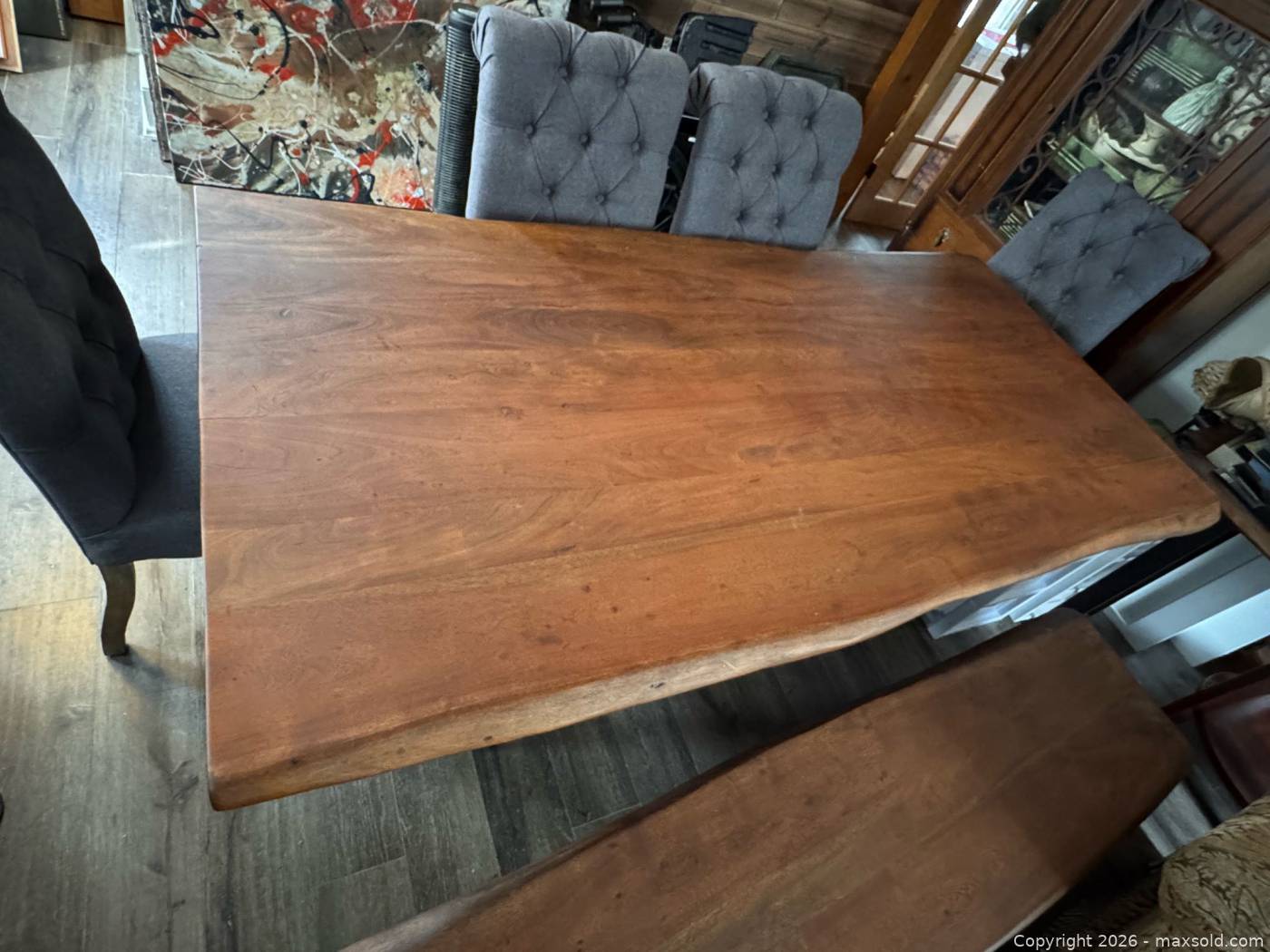 Live edge dining table, bench, four tufted chairs | Maxsold