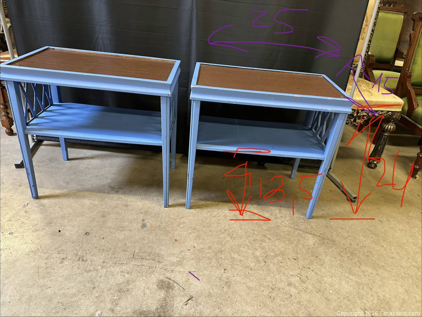 Table Design Color:blue Pair blue lattice side tables with wood tops | Maxsold