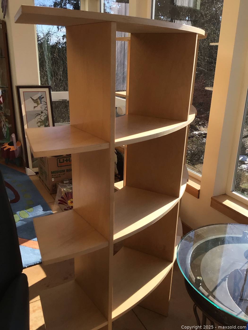 Pair light wood curved shelving units | Maxsold